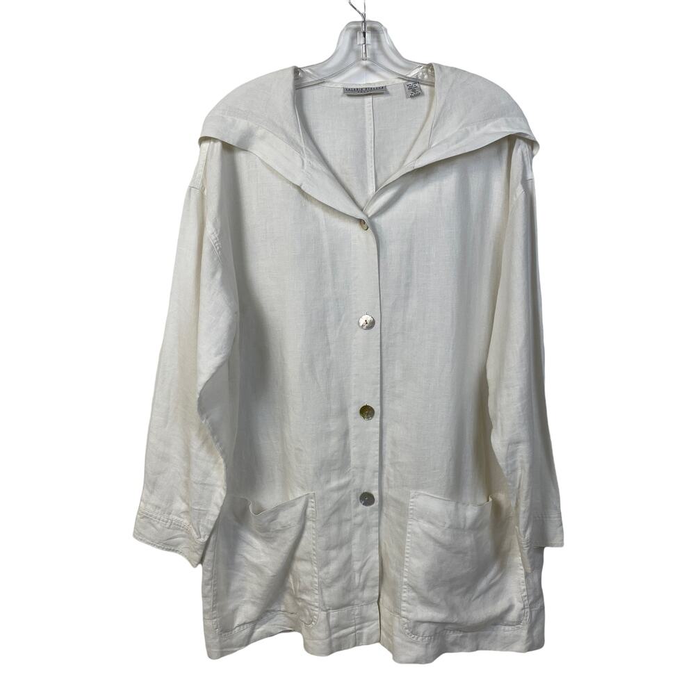 VALERIE STEVENS SPORT M  100% Linen Hooded Shirt Jacket Pockets Beachy Coastal